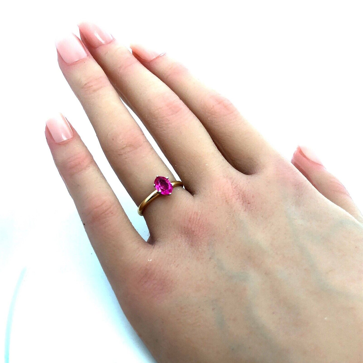 Estate 18K Yellow Gold Oval Pink Ruby Solitaire July Birthstone Anniversary Ring
