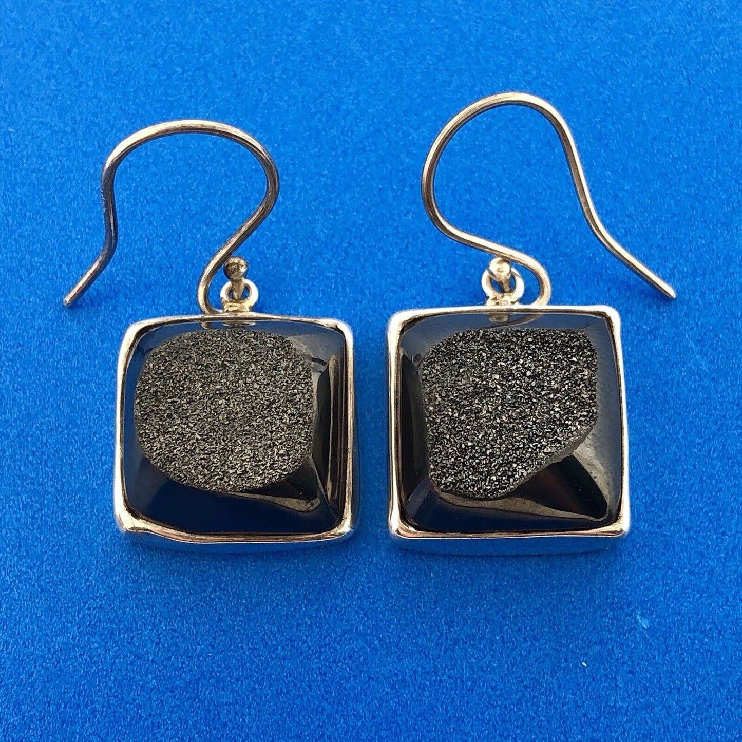 Fifi Rose 925 Sterling Silver Hematite Druzy Statement Square Dangle Earrings