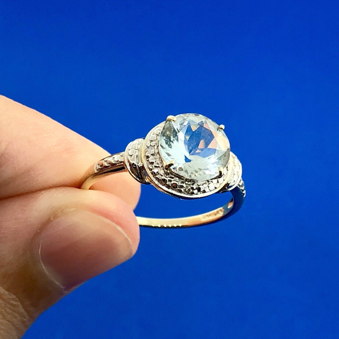 Designer 10K Yellow White Gold Aquamarine Diamond Accent March Anniversary Ring
