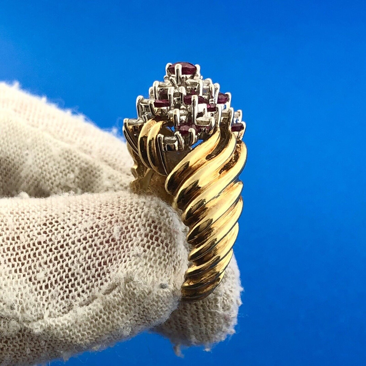 Gorgeous 14k Yellow Gold Diamond Ruby Towering Spiral Cluster Ring Size 4.75