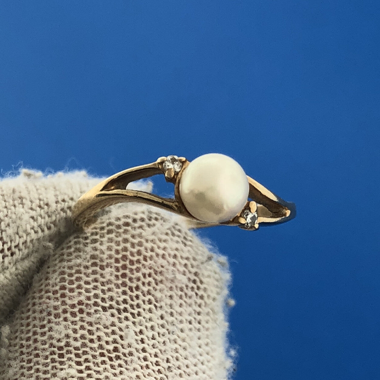 Gorgeous 14k Yellow Gold White 5.25 mm Pearl Diamond Openwork Ring Size 6.5