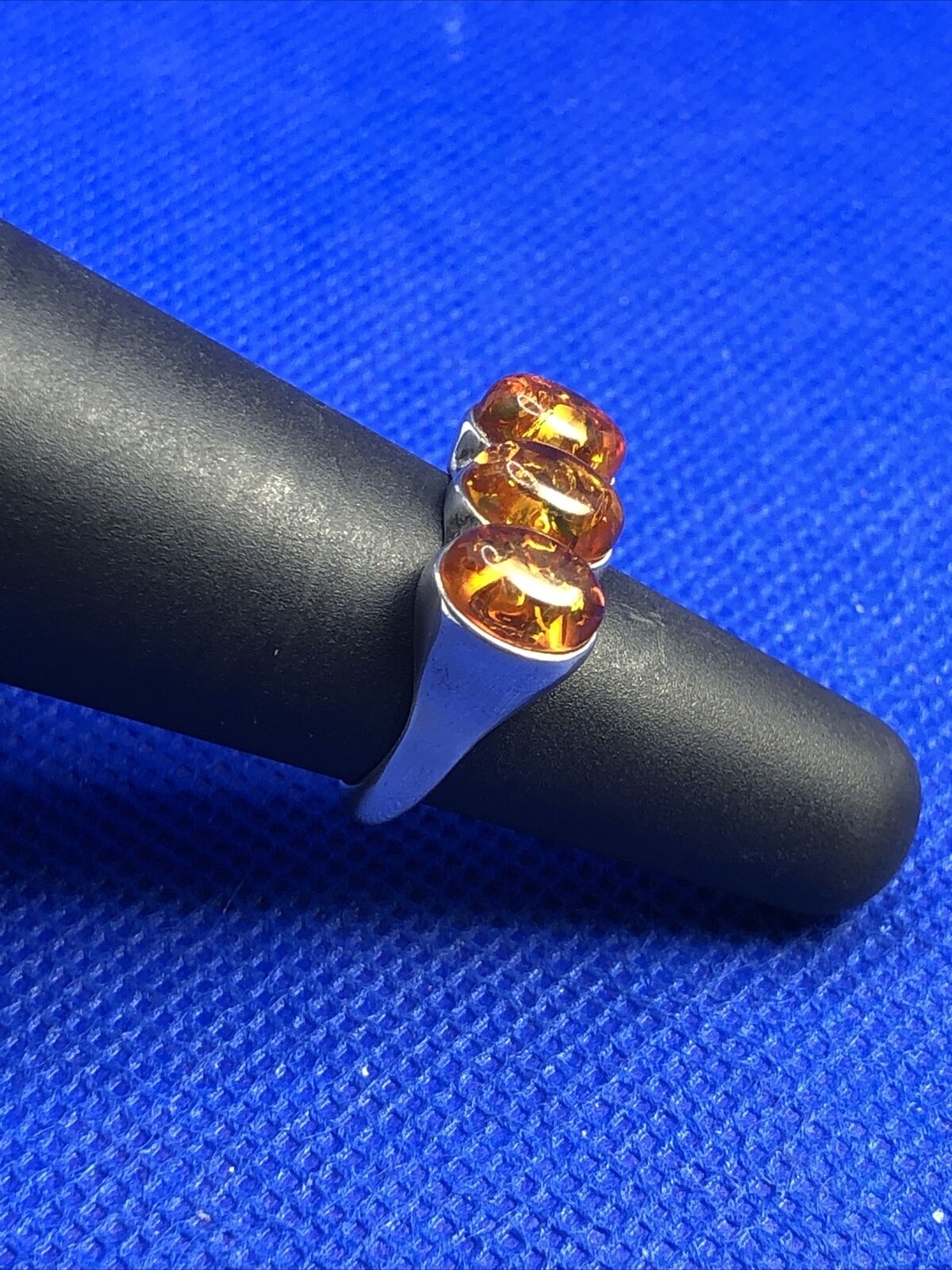 Estate Oval Amber Cabochons 925 Sterling Silver Ring Size 5.5