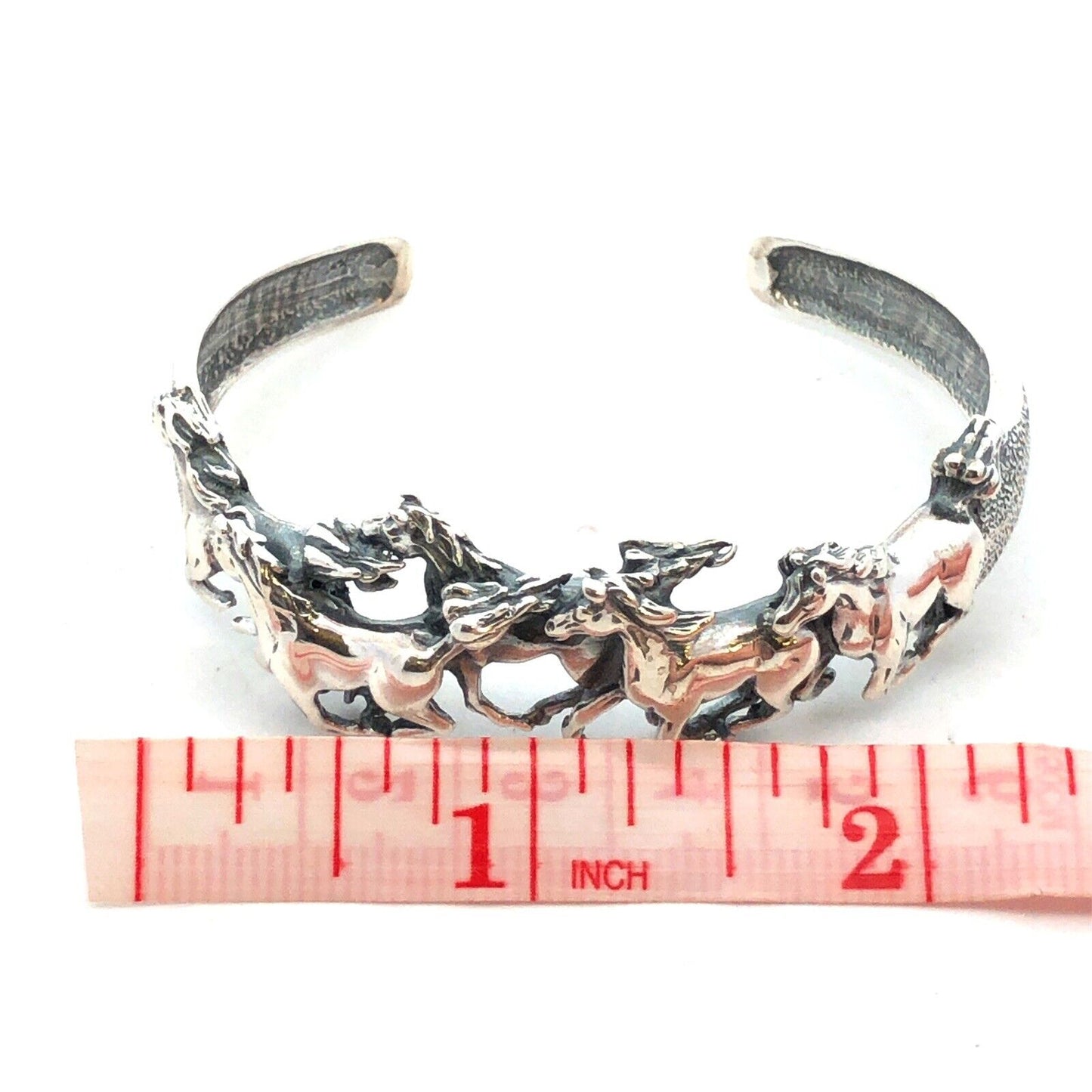 Vintage 925 Sterling Silver 3D Horse Galloping Equine Textured Cuff Bracelet
