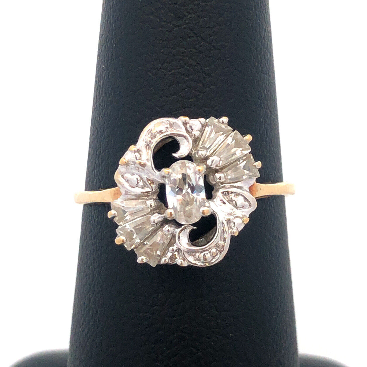 Estate 10K Yellow White Gold Oval CZ Baguette Accented Anniversary Ring