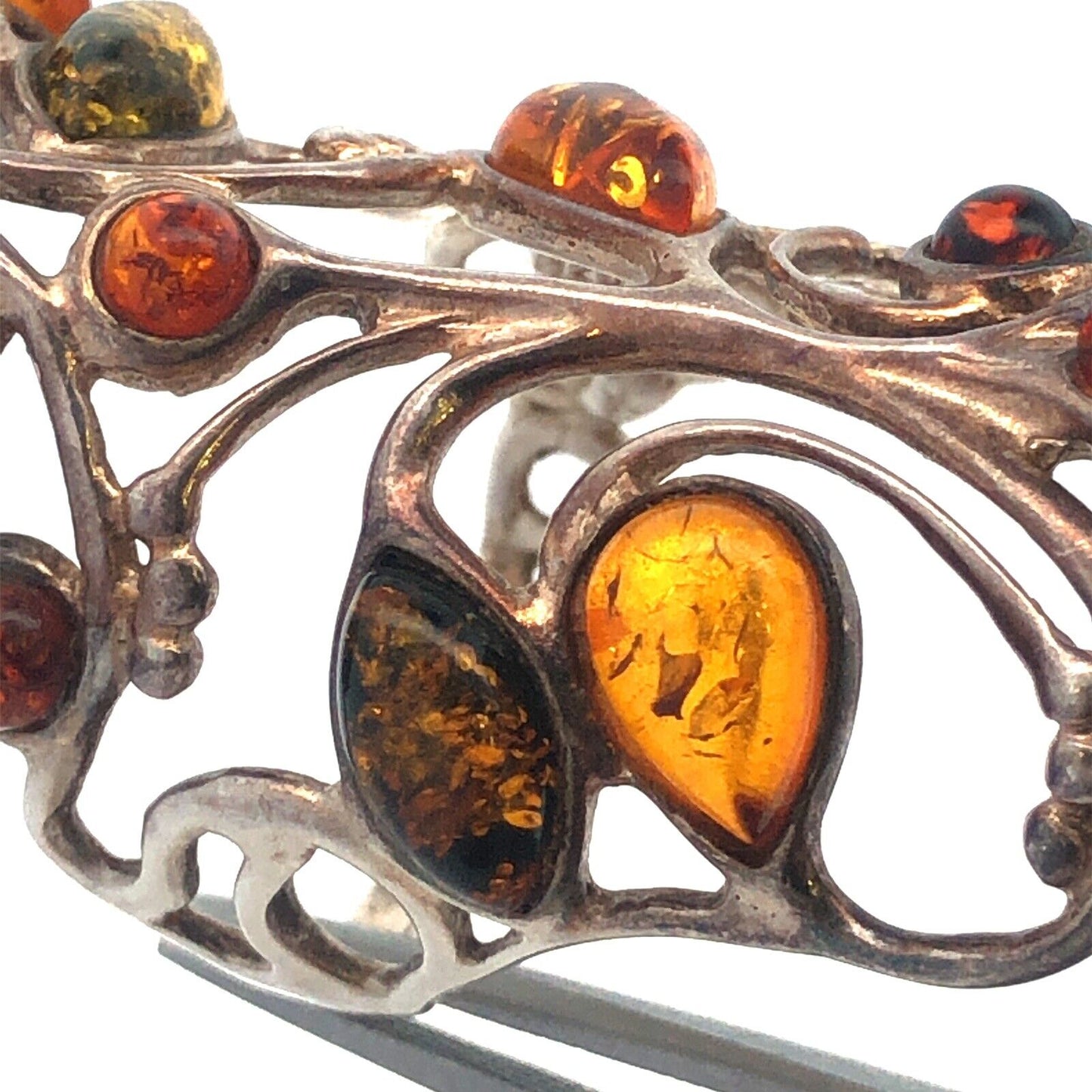 S6205Retro 925 Sterling Silver Mixed Amber Open Work Scroll Statement Finger Rin