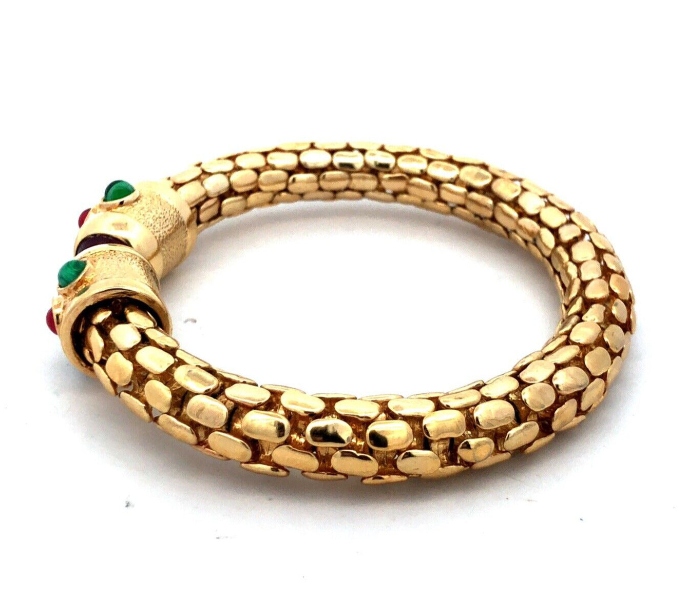 Vintage Runway Gold Tone Red Blue Green Glass Snake Skin Open Cuff Bracelet