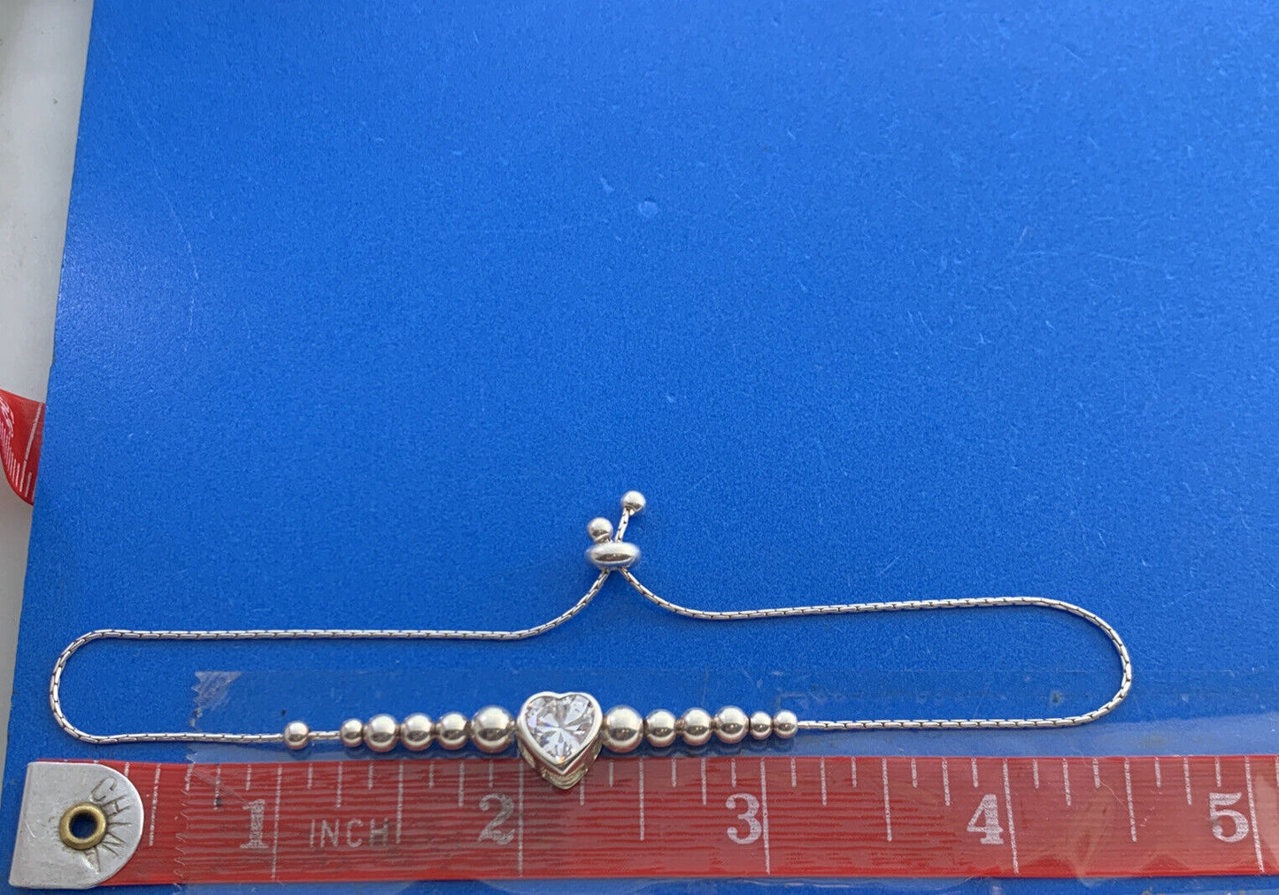 Cubic Zirconia Heart Charm 925 Sterling Silver Beaded Adjustable Bracelet