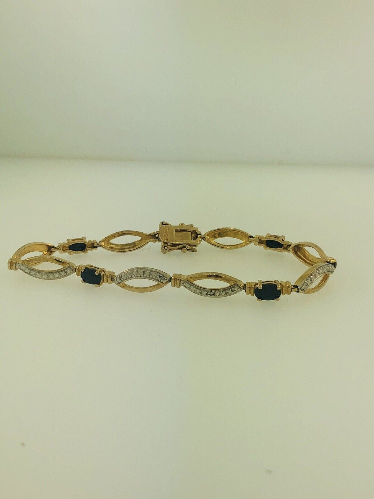 Estate Sterling Silver 925 Vermeil Oval Sapphire Station Tennis Bracelet