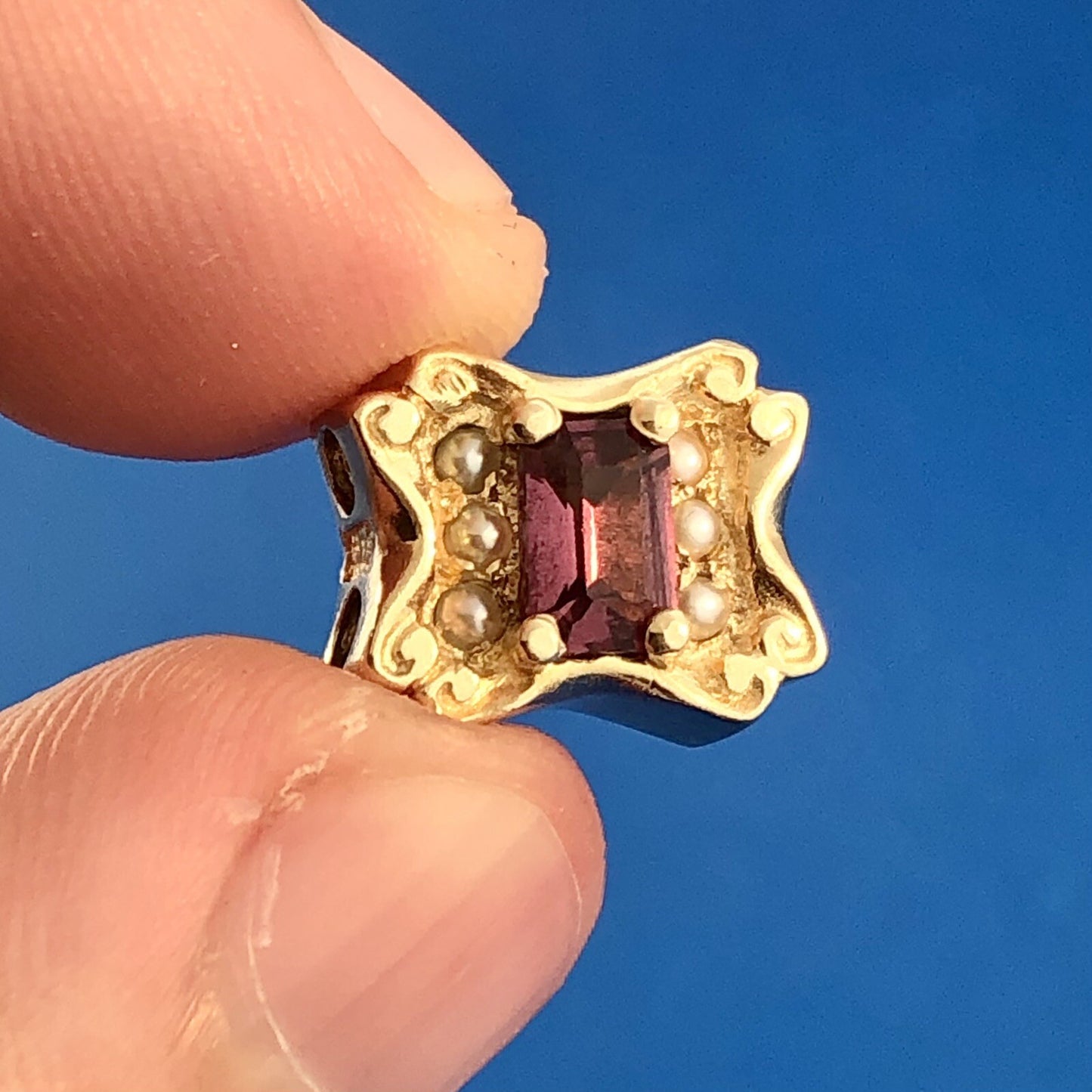 Designer GK 14k Yellow Gold Pearl Accented Tourmaline Rectangle Slide Charm
