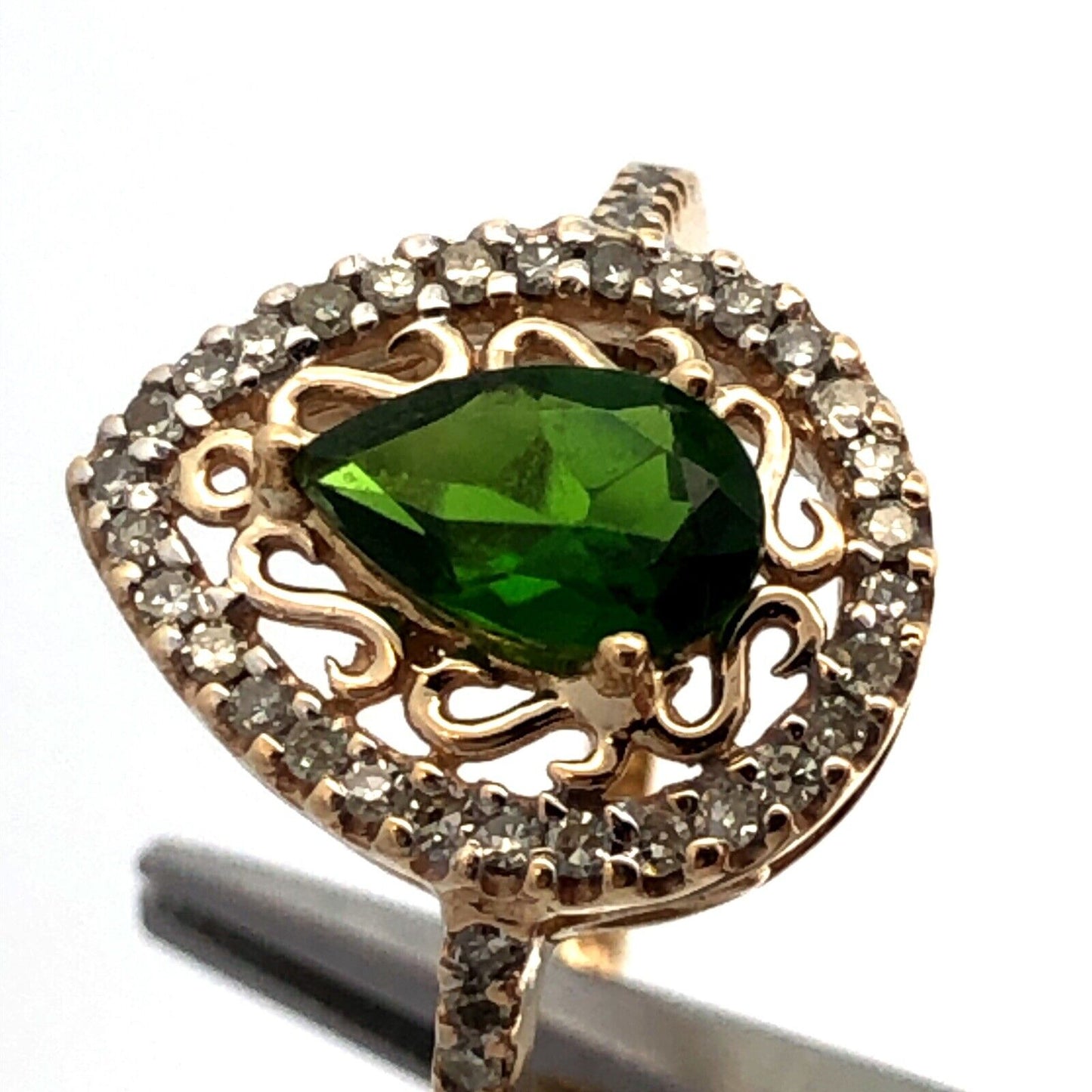 Estate 10K Yellow Gold Pear Cut Emerald Diamond Halo Engagement Ring