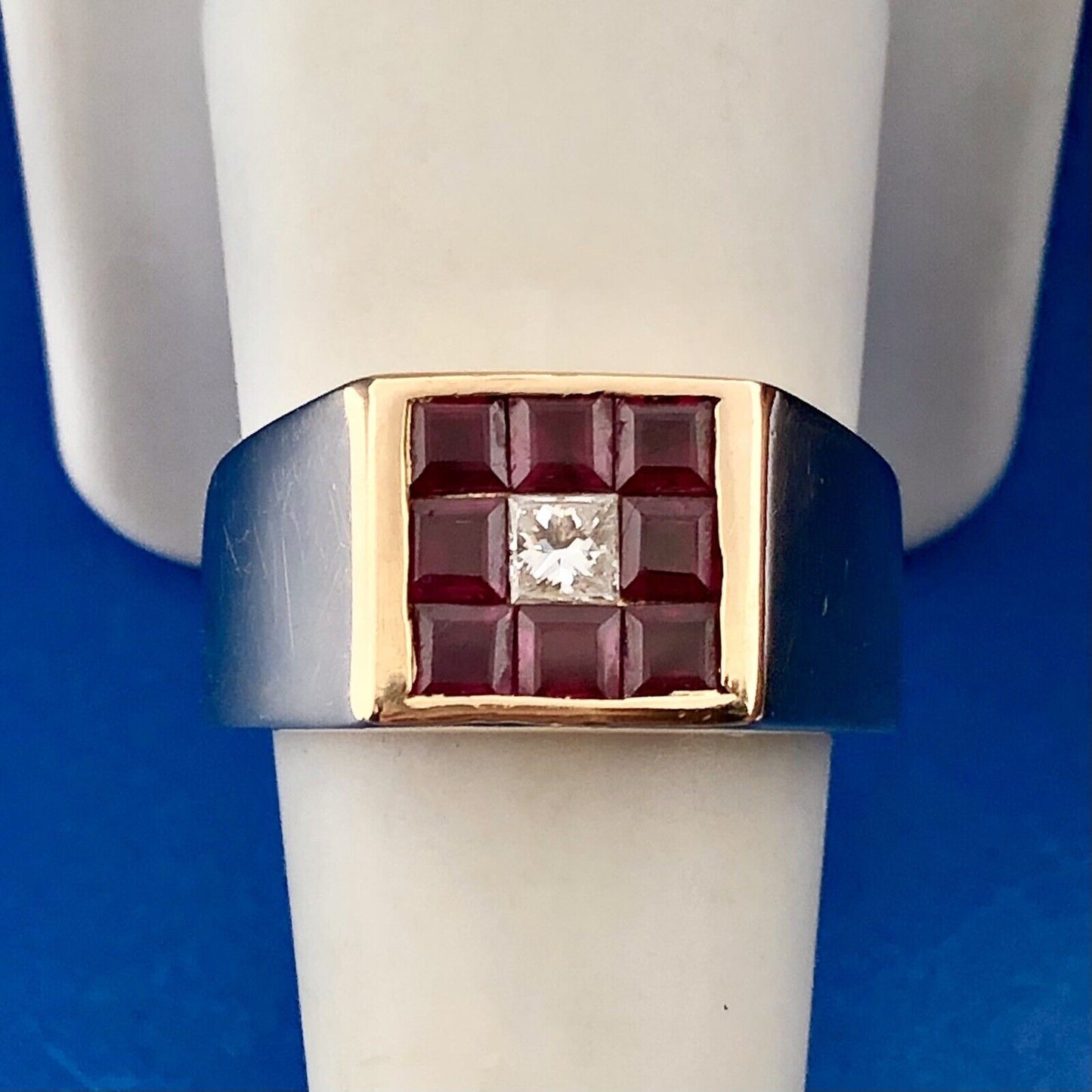 Retro 18K Yellow Gold Diamond Ruby Halo Channel Set Square Dome Unisex Ring