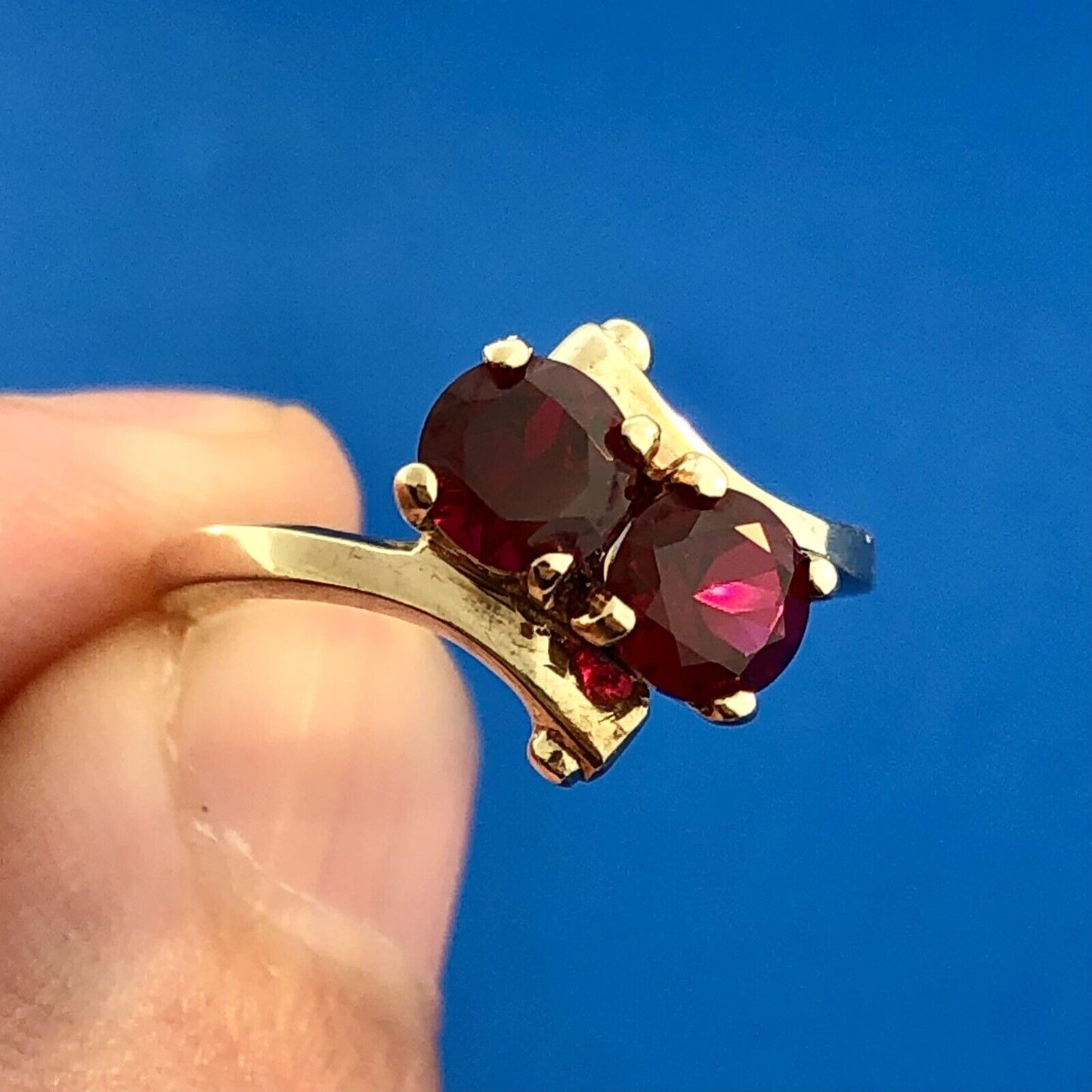 Designer 10K Yellow Gold Red Spinel Duo January Anniversary Modern Bypass Ring