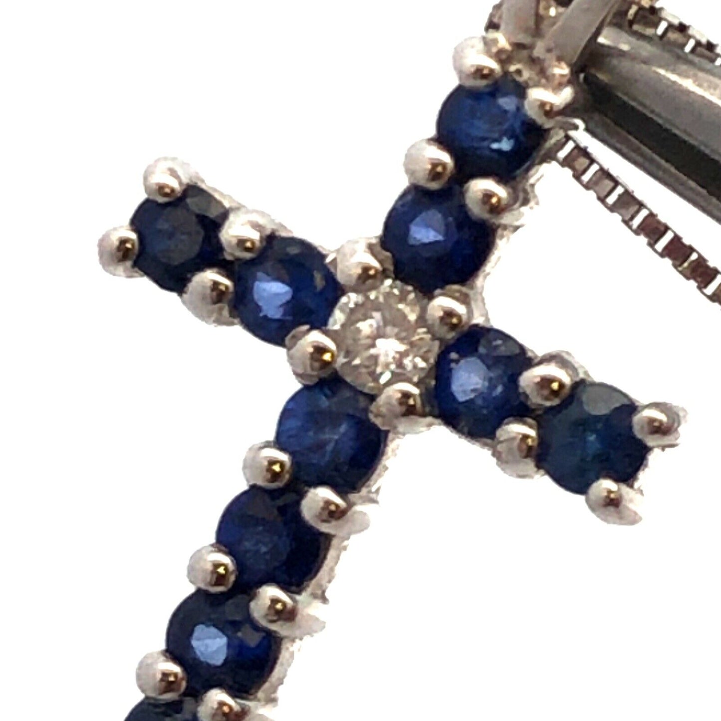 Designer 14K White Gold Blue Sapphire Diamond Pave Cross Pendant Necklace