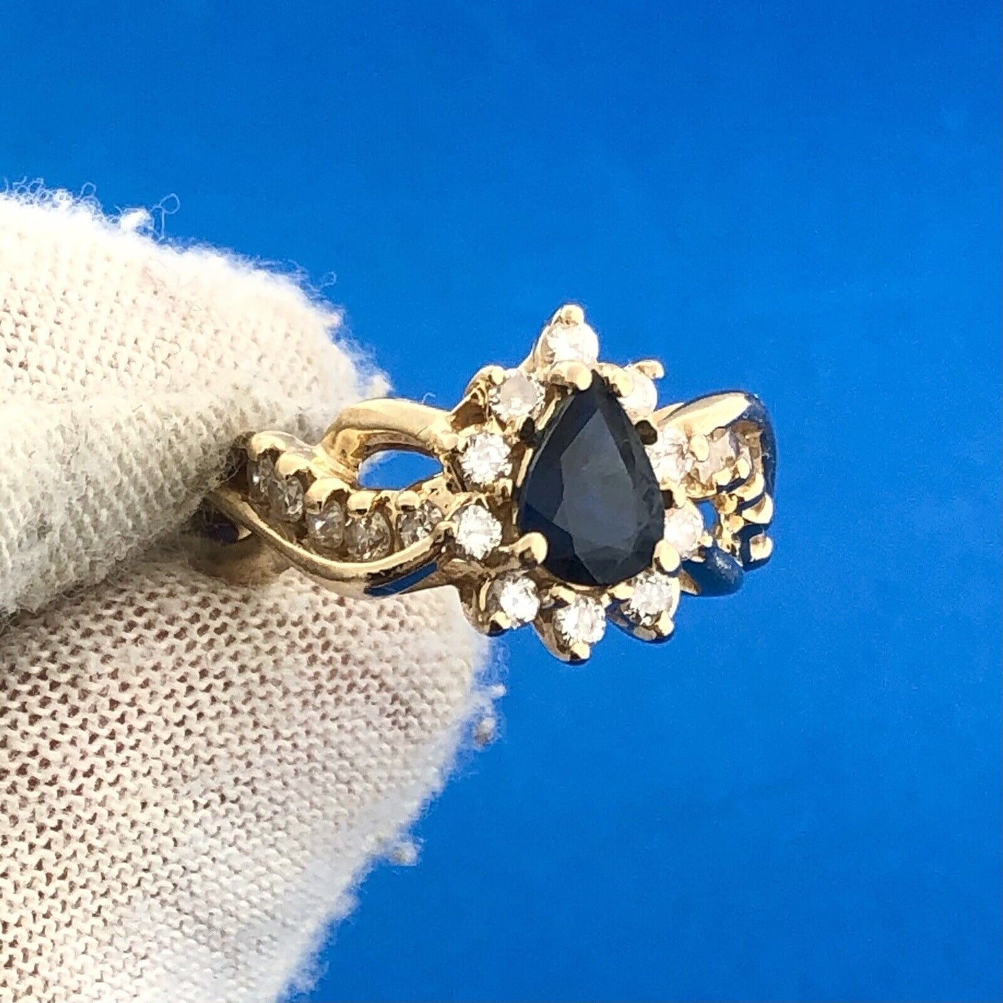 Retro Designer 14K Yellow Gold Sapphire Pear Diamond Halo Accented Cocktail Ring