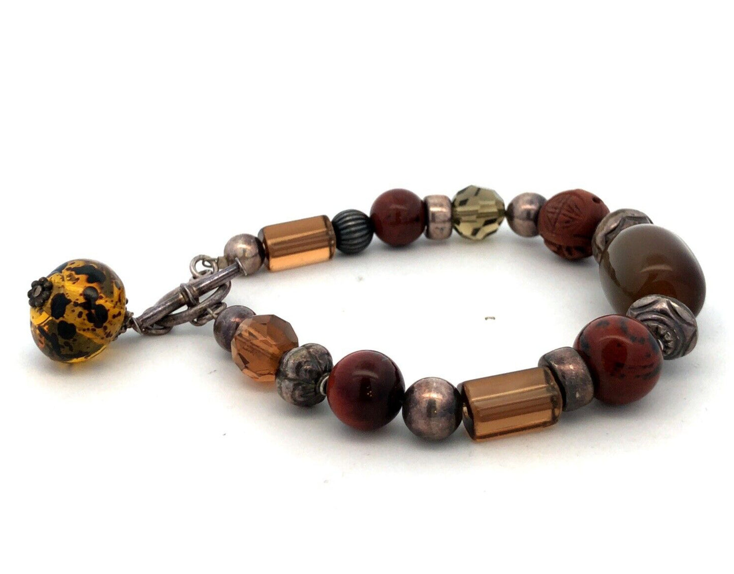Estate 925 Sterling Silver Tigers Eye Agate Jasper Beaded Statement Bracelet