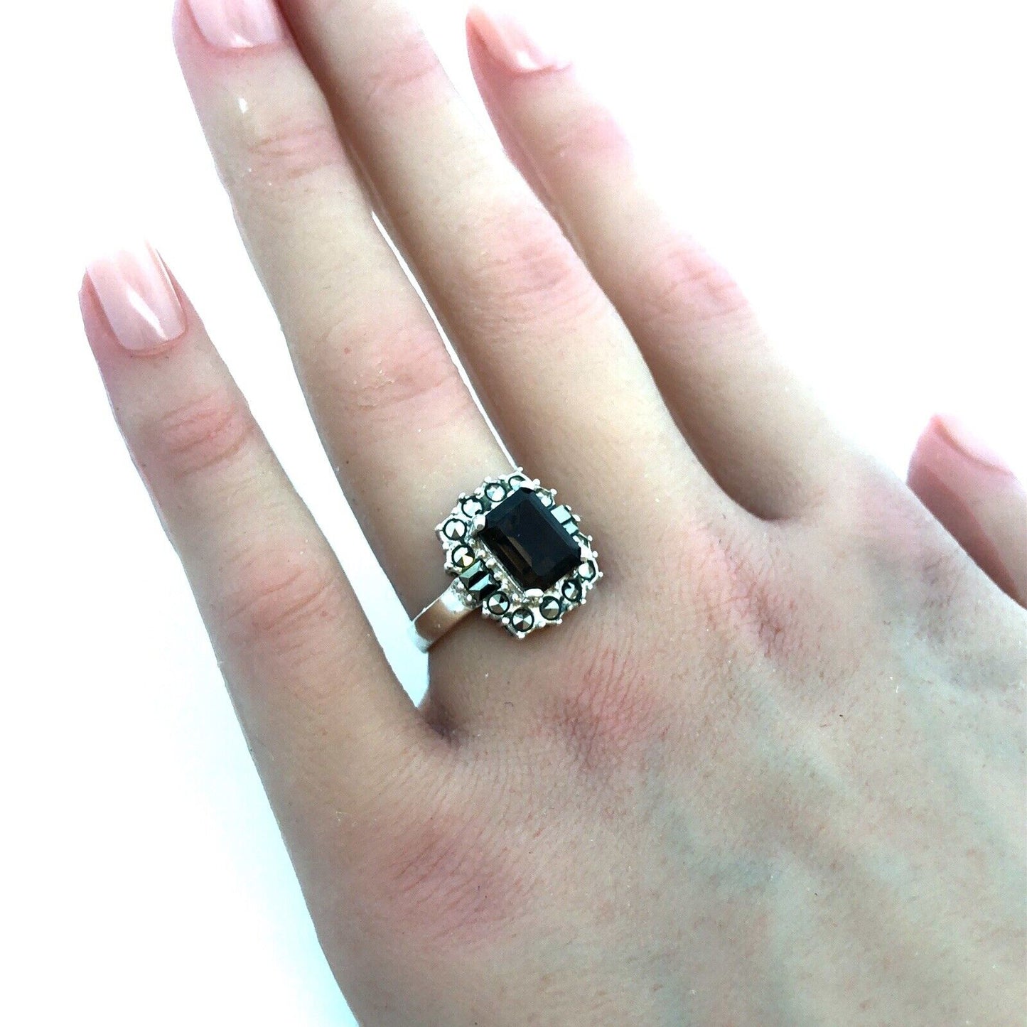 Designer 925 Sterling Silver Emerald Cut Smoky Quartz Hematite Halo Accent Ring