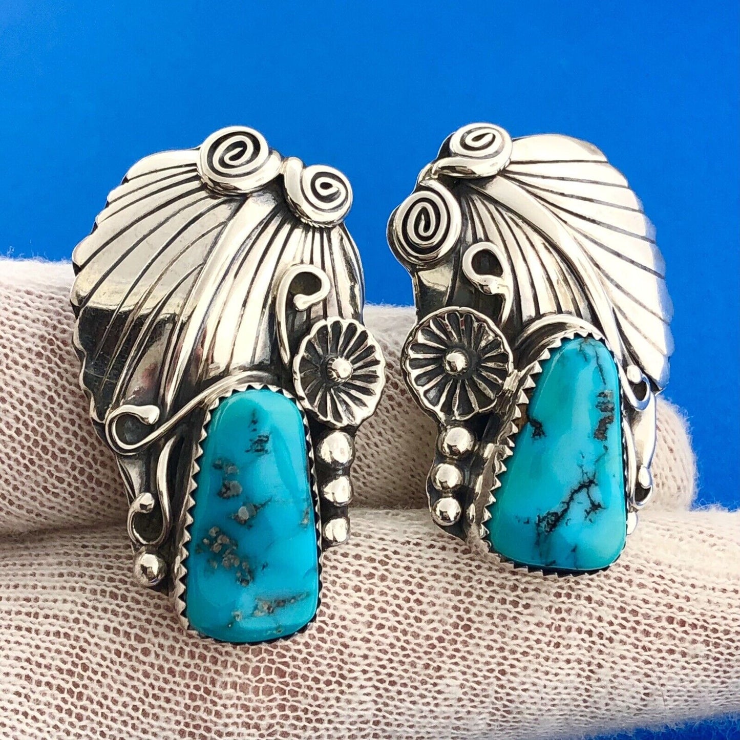 Vintage Old Pawn 925 Sterling Silver Turquoise Squash Blossom Clip On Earrings