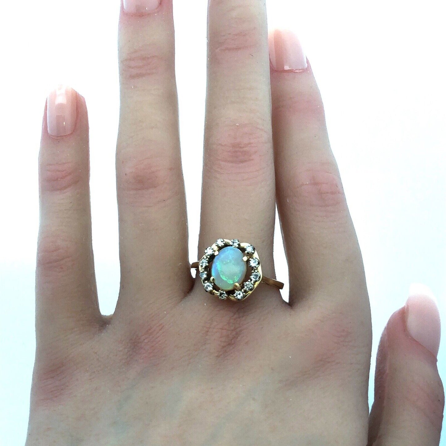 Gorgeous 14k Yellow Gold Cabochon White Light Opal Diamond Halo Ring Size 10.75