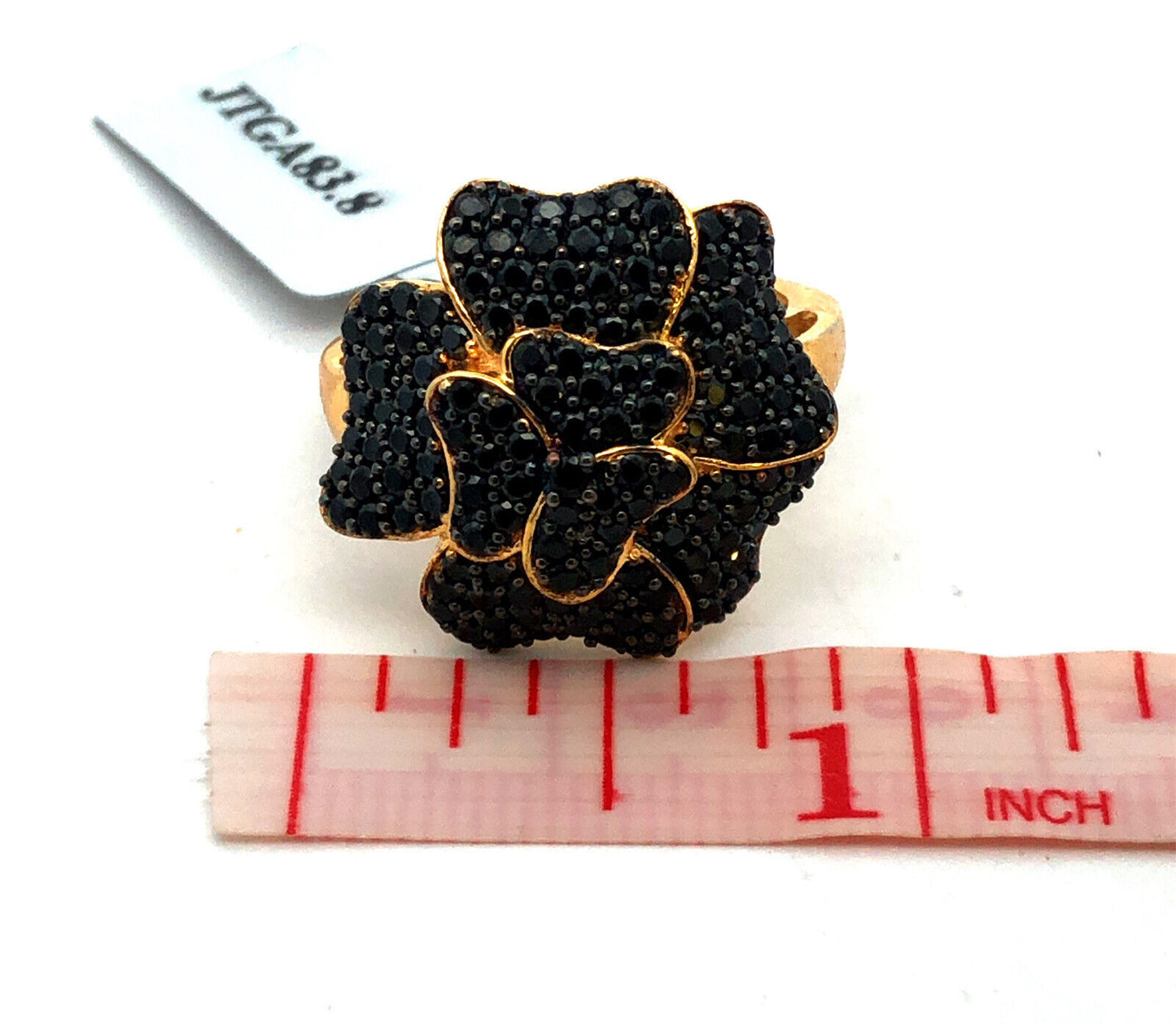 Designer TGGC Sterling Silver Gold Vermeil Black Spinel Flower Statement Ring