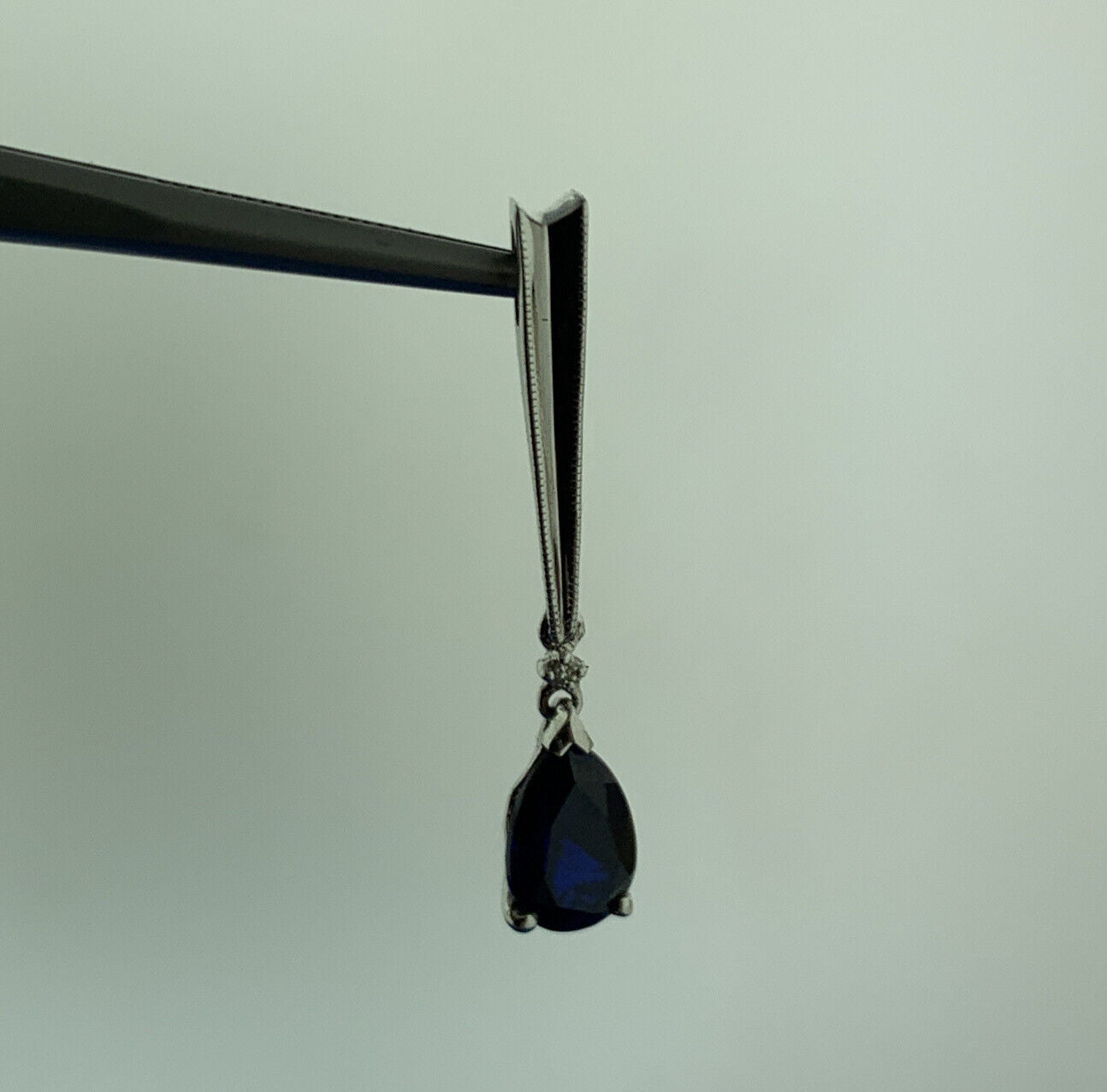 Gorgeous 14k White Gold Pear Cut Blue Sapphire Diamond Accent Dangle Pendant
