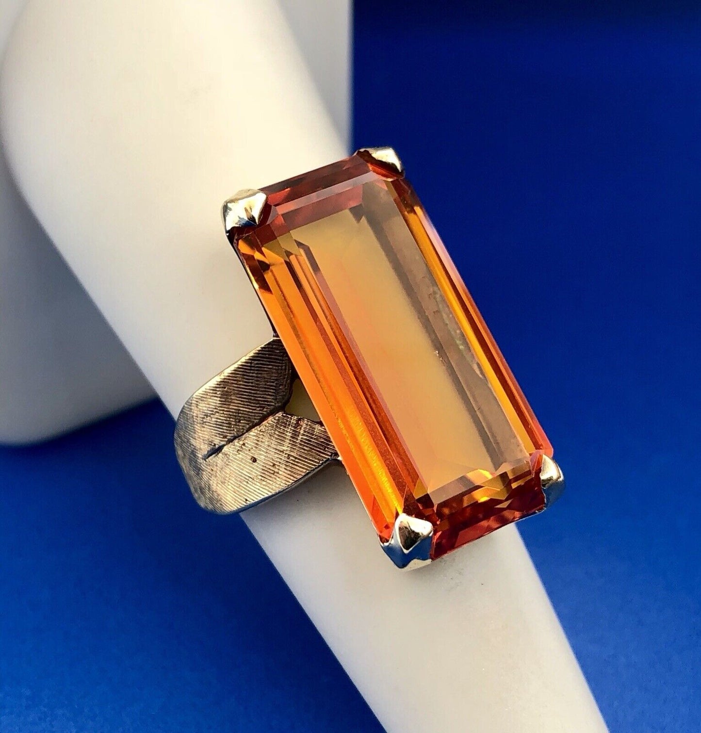 Art Deco Esemco 10K Yellow Gold Orange Sapphire Statement Cocktail Ring