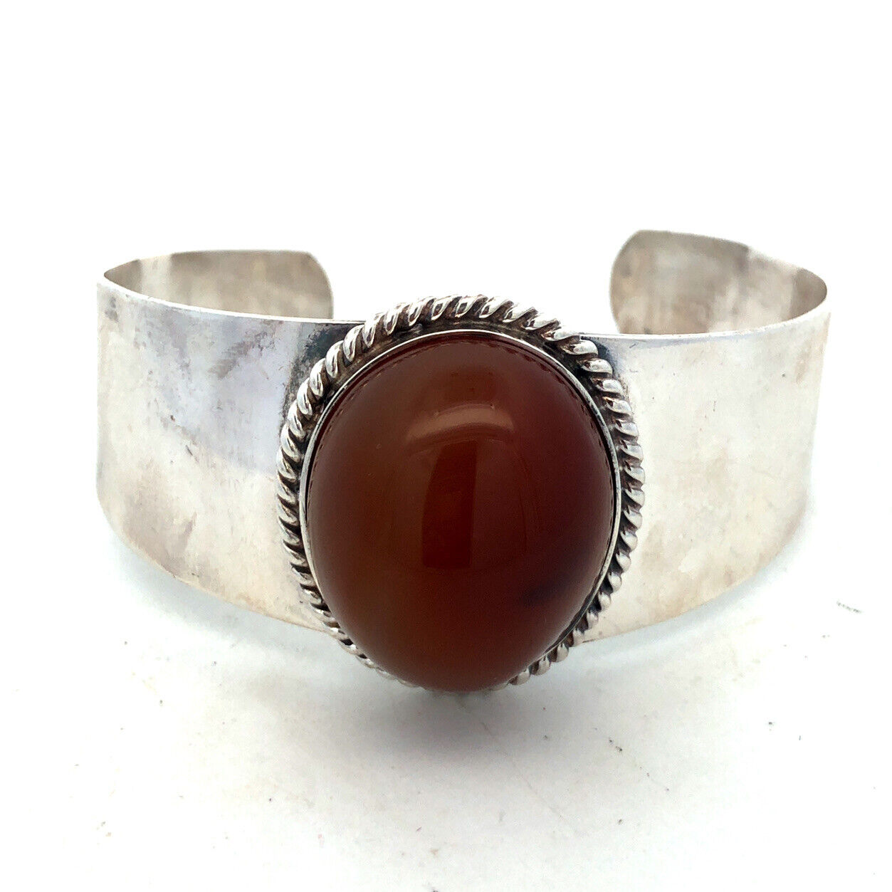 Estate 925 Sterling Silver Oval Carnelian Reeded Statement Open Cuff Bracelet