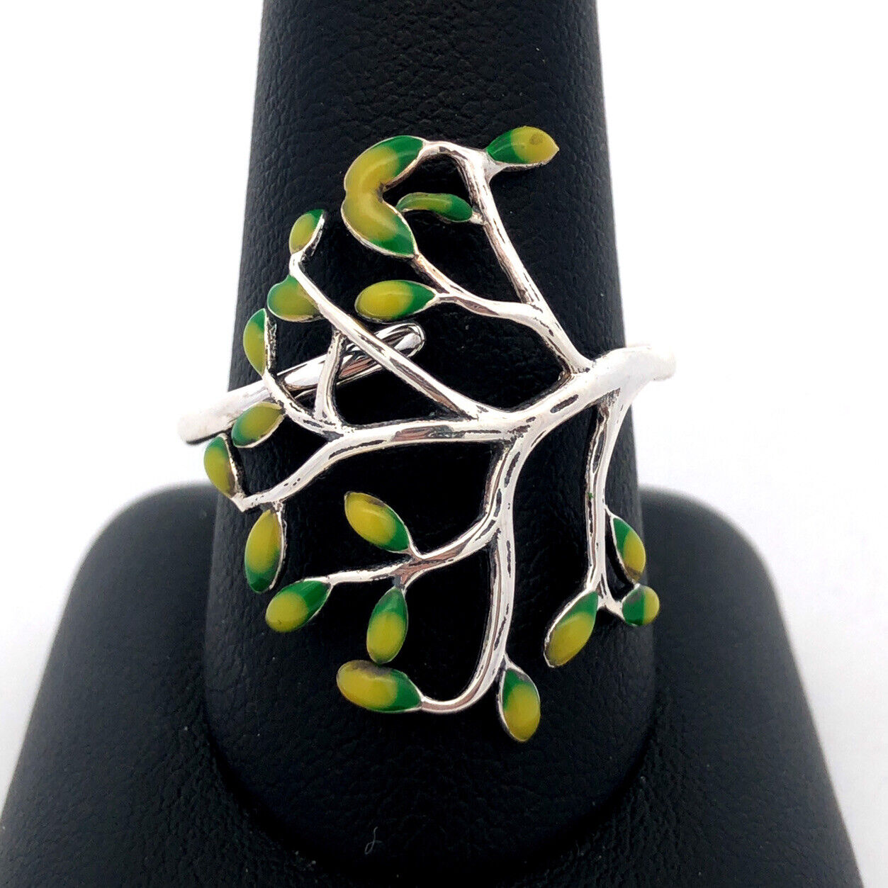 925 Sterling Silver Vintage Green Enamel Tree Of Life Leaves Nature Ring