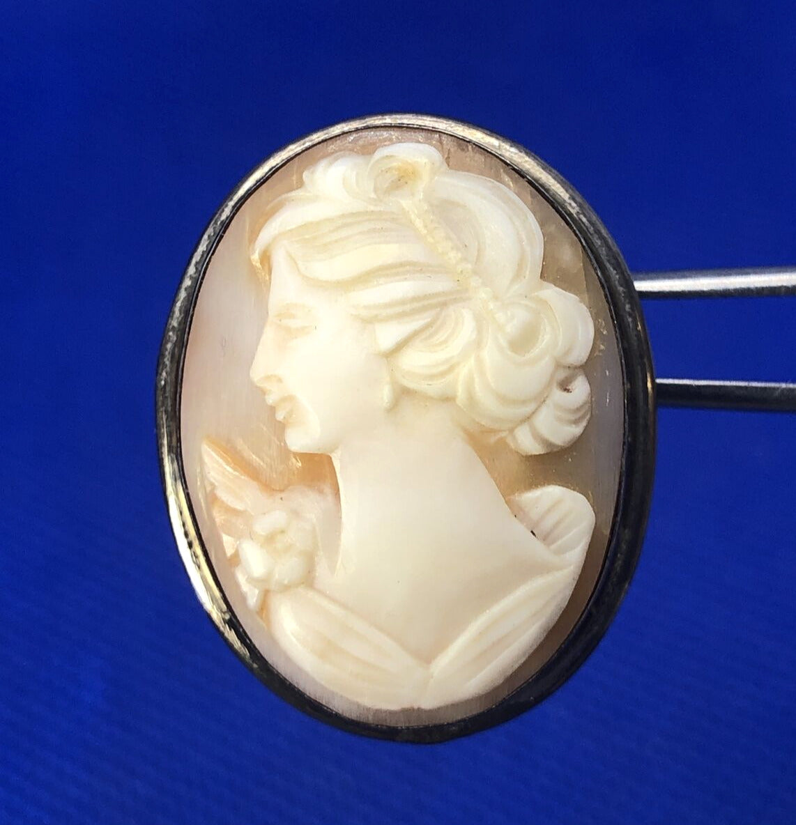 Victorian 800 Fine Silver Carved Woman Cameo Oval Pin Brooch Pendant