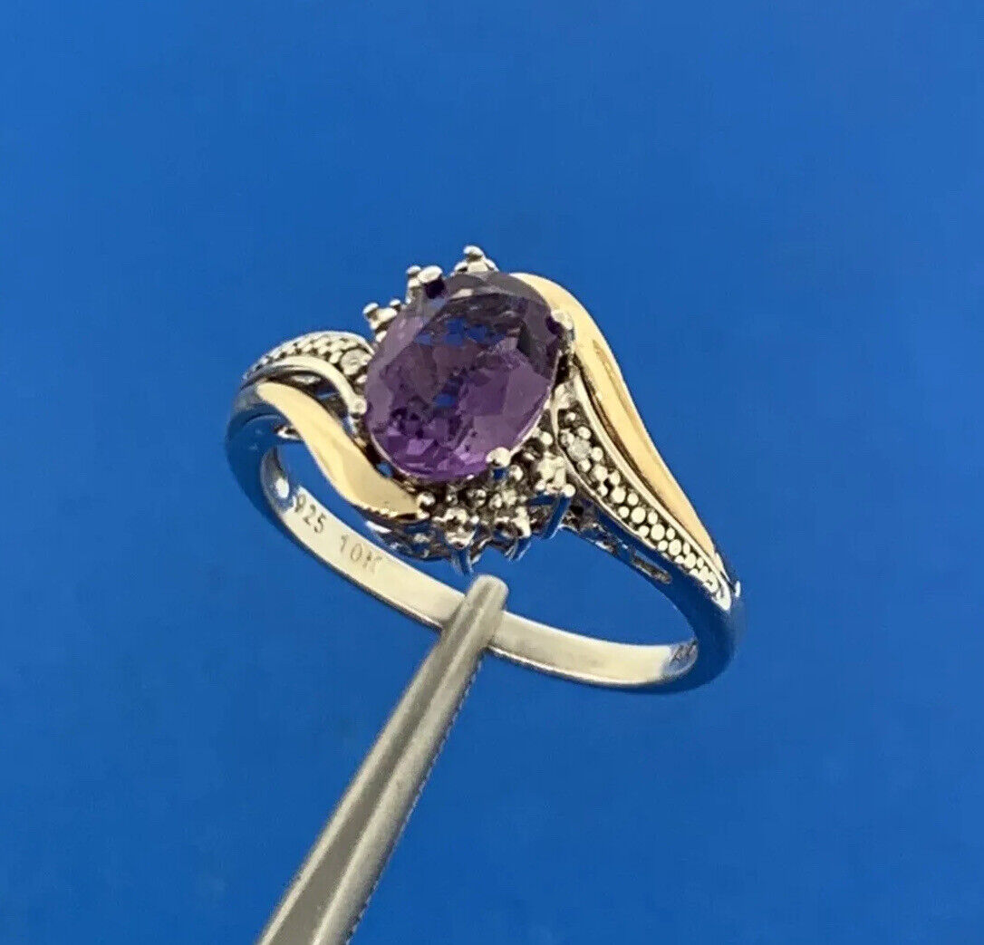 Designer 925 Sterling Silver 10K Gold Two Tone Amethyst Diamond Ring