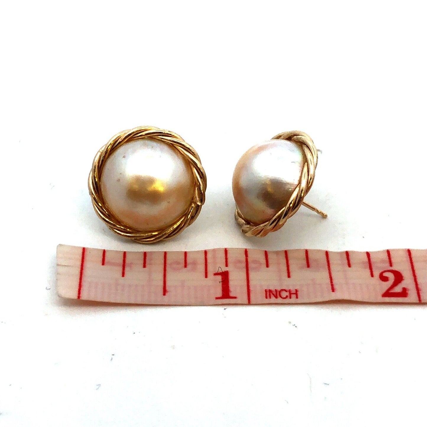 Estate 14K Yellow Gold Round Mabe Pearl Bird's Nest Statement Stud Earrings