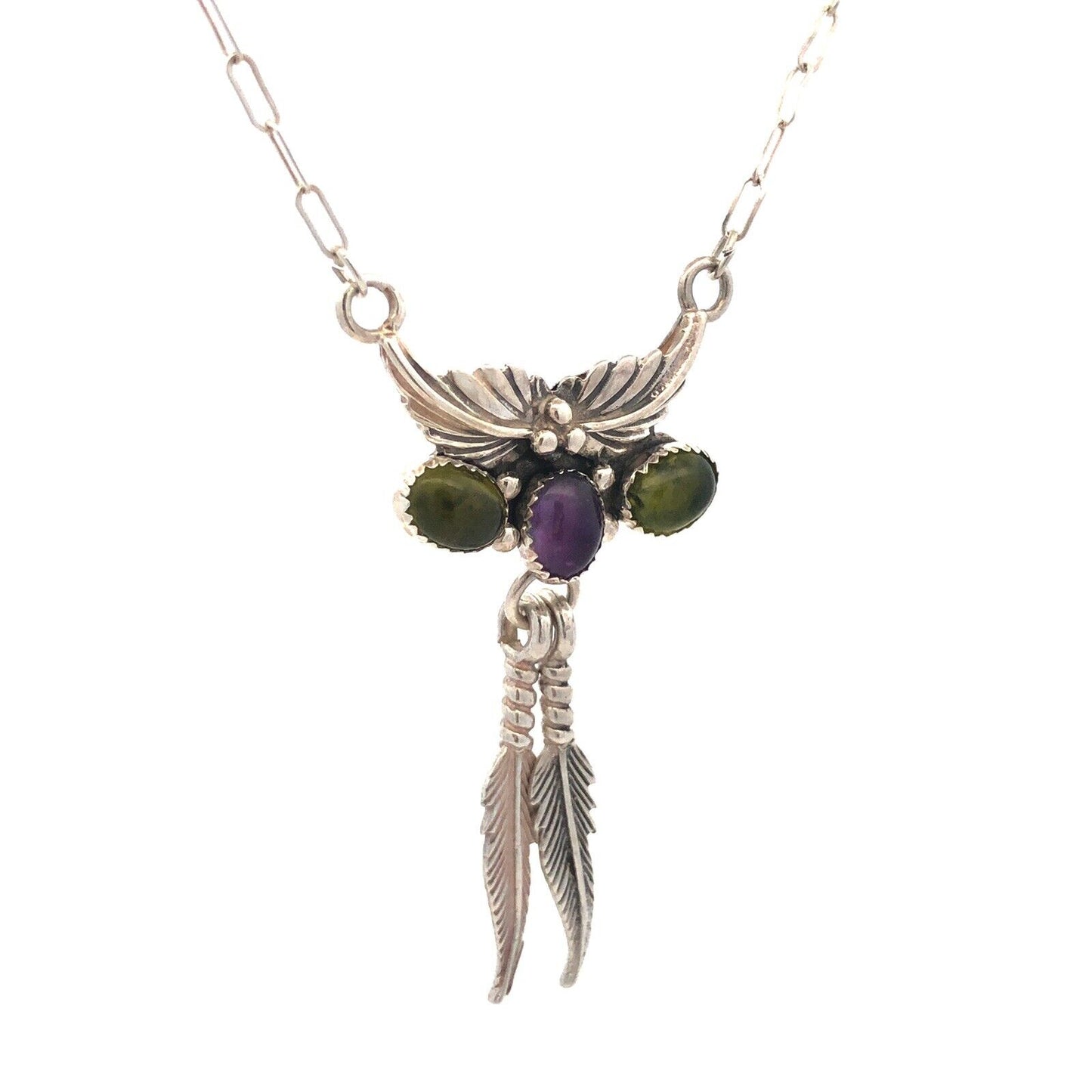 Jay King Desert Rose Trading Sterling Silver Amethyst Peridot Feather Necklace