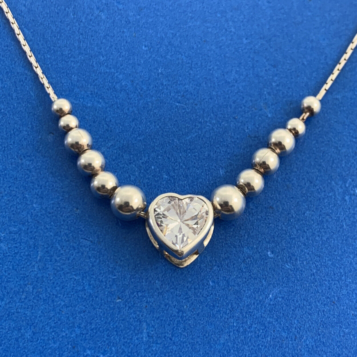 Cubic Zirconia Heart Charm 925 Sterling Silver Beaded Adjustable Bracelet