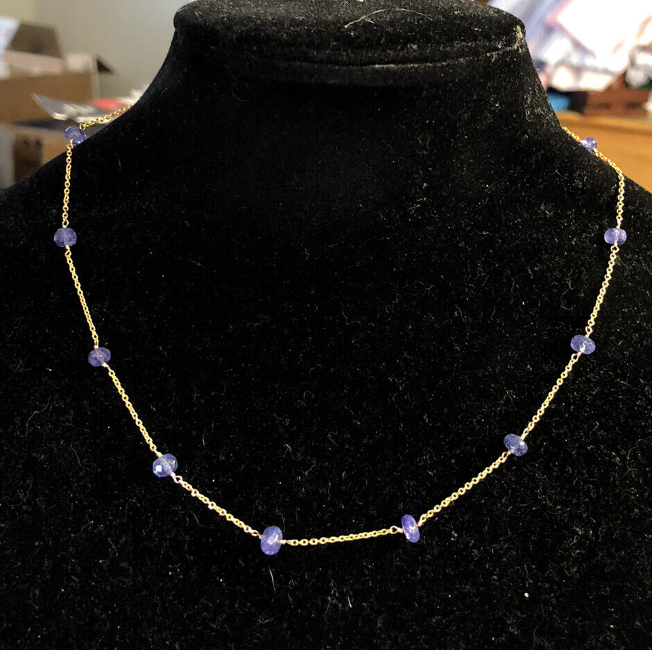 14K Yellow Gold Designer RCI Tanzanite Bead Station Chain Necklace