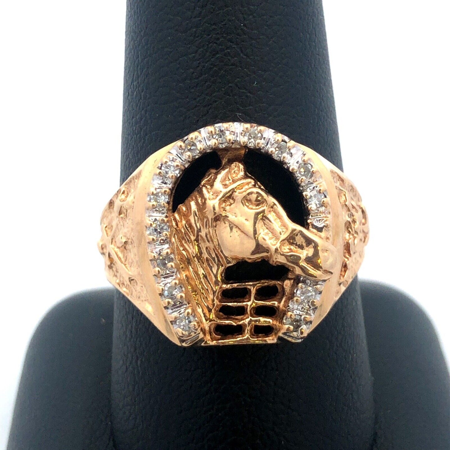 Vintage Designer 10K Yellow Gold Diamond Horse Head Horse Shoe Good Luck Ring