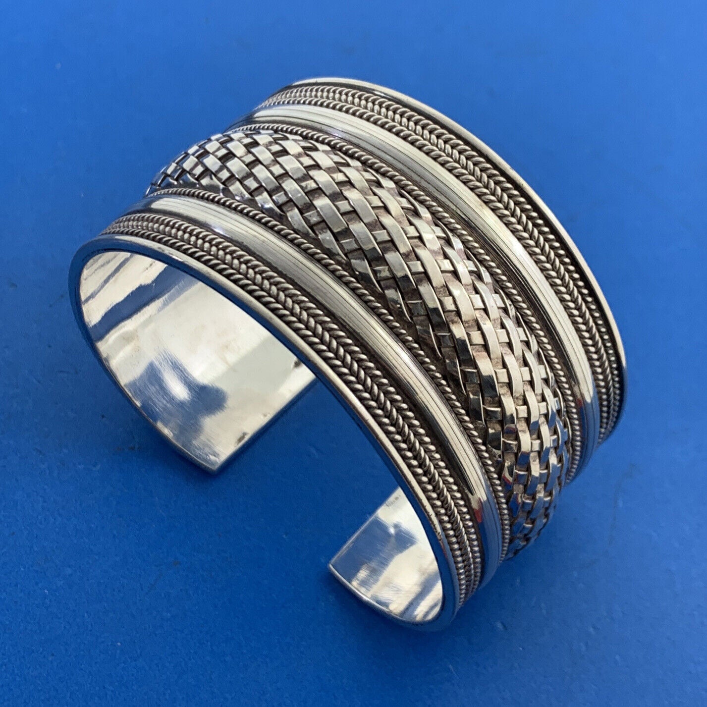 Sterling Silver 925 Basket Weave Ribbed Polished Wide Statement Cuff Bracelet