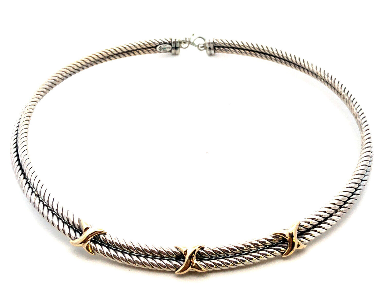 Designer 925 Sterling Silver 14K Gold Twist X Two Tone Collar Necklace