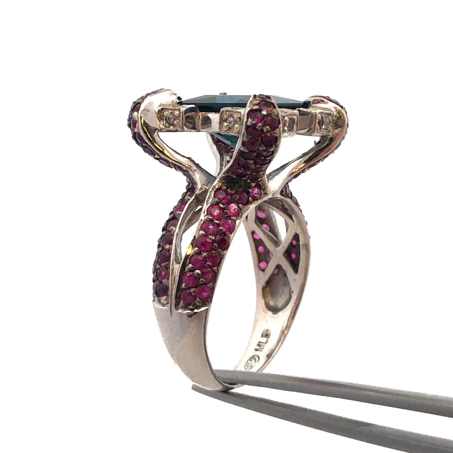 Sterling Silver London Blue Topaz Ruby Diamond Statement Cocktail Ring