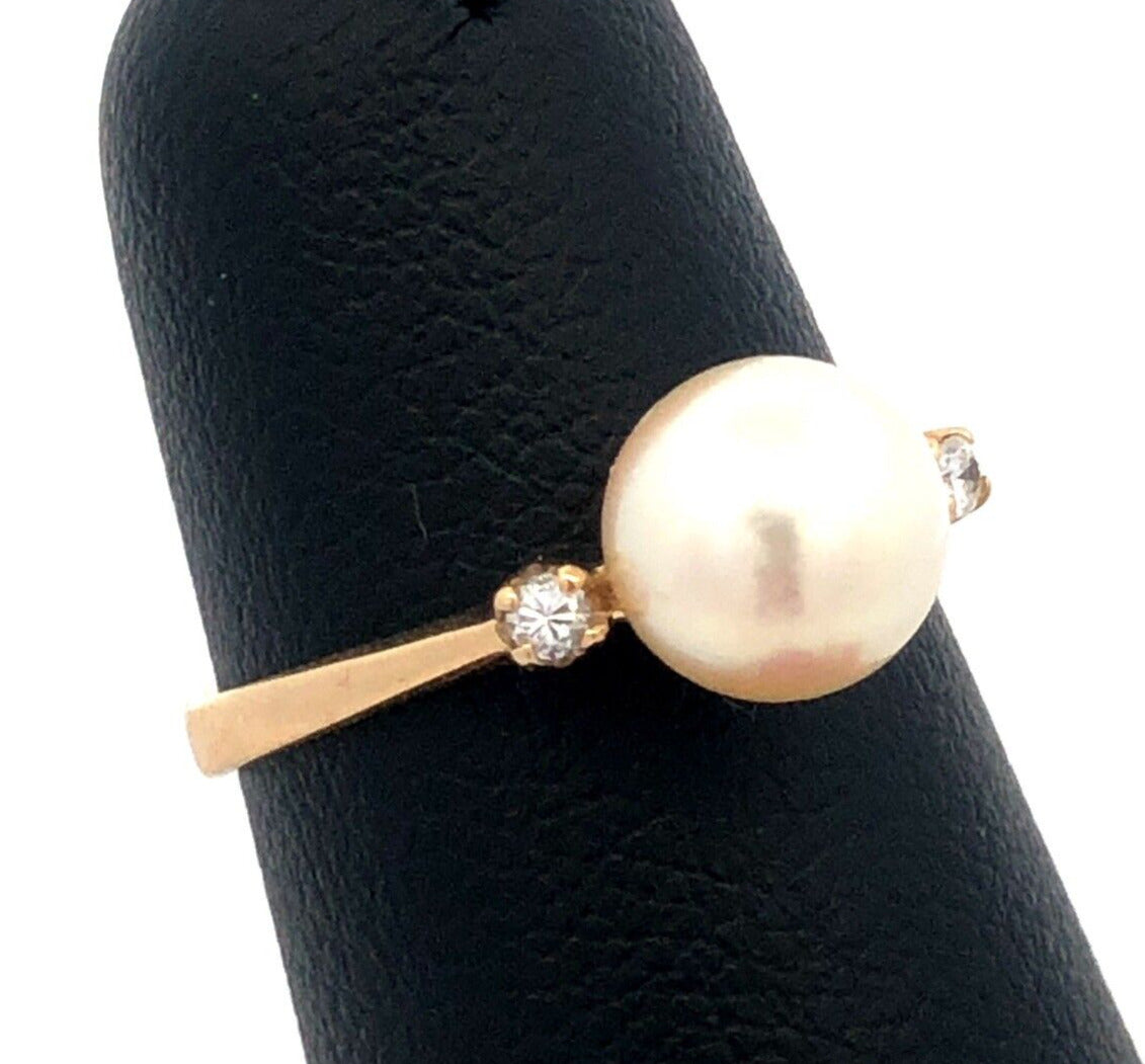 Estate 14K Yellow Gold Round White Pearl Solitaire Diamond Anniversary Ring