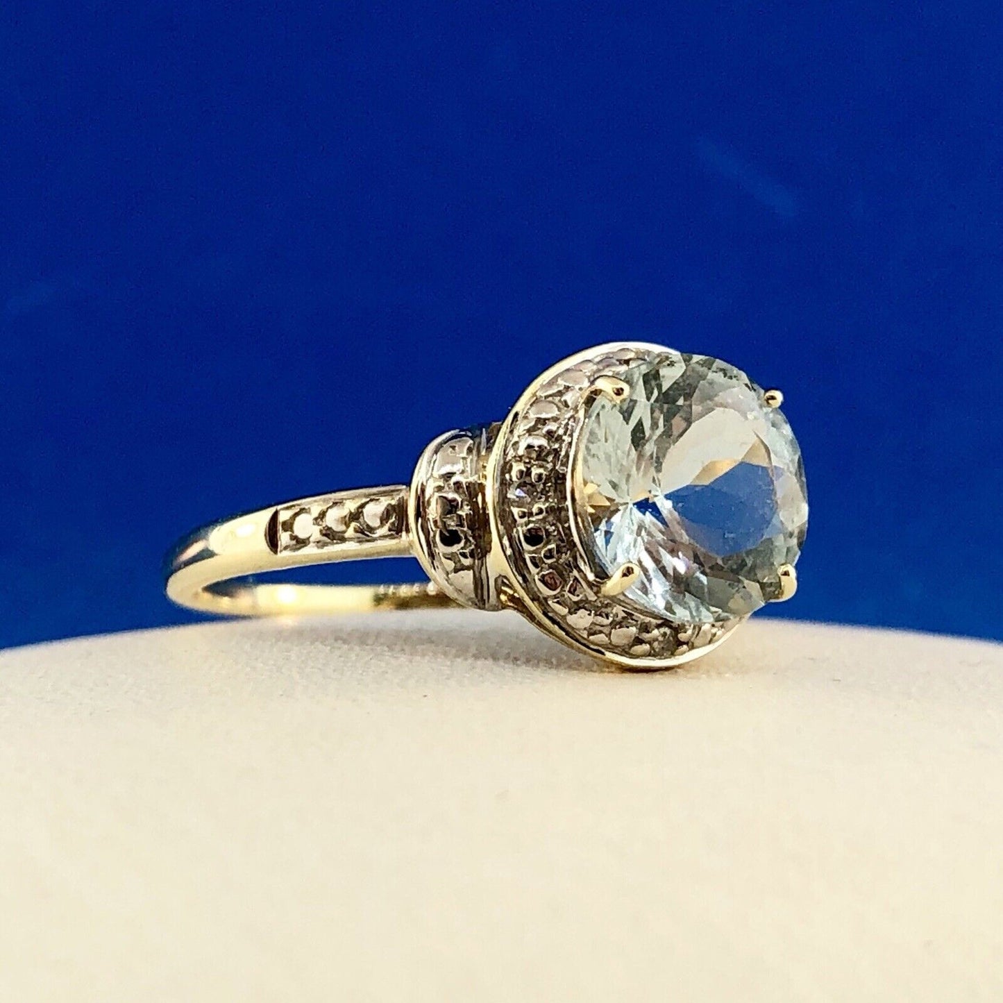 Designer 10K Yellow White Gold Aquamarine Diamond Accent March Anniversary Ring