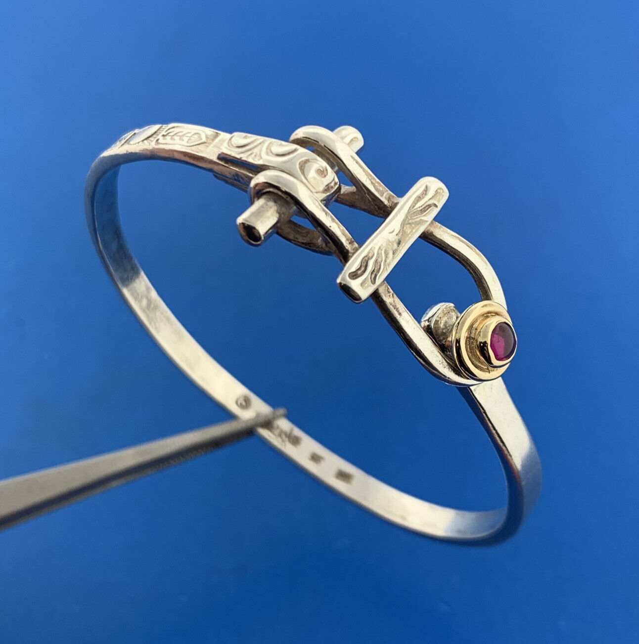 Sun Lyon Studio 925 Sterling Silver 14K Gold Ruby Hand Wrought Cuff Bracelet