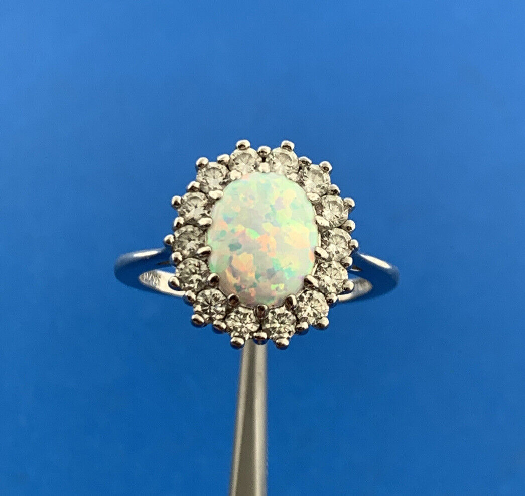 Designer 925 Sterling Silver Opal Cabochon Cubic Zirconia CZ Halo Cocktail Ring
