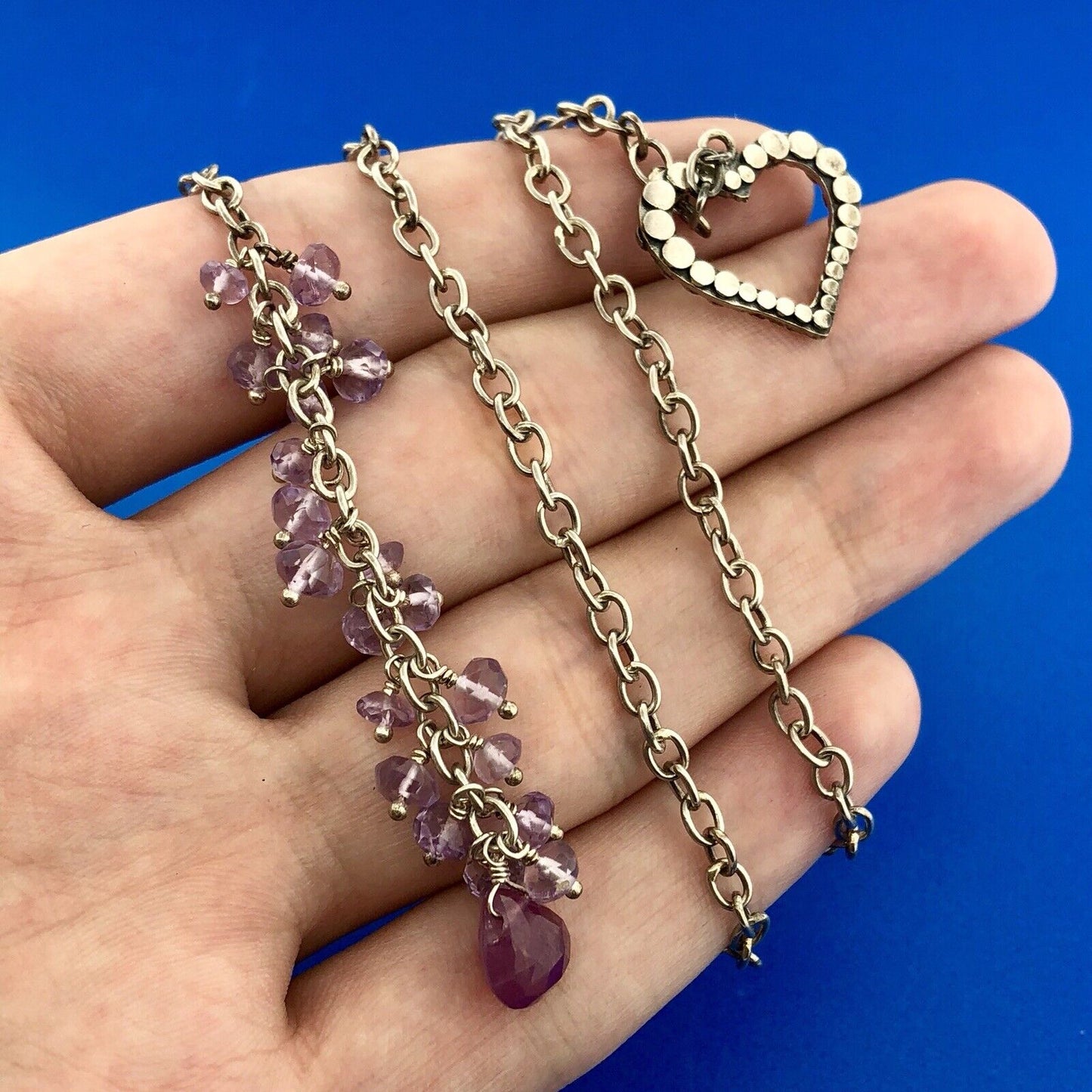Charming Sterling Silver Ruby Amethyst Bead Heart Lariat Adjustable Necklace