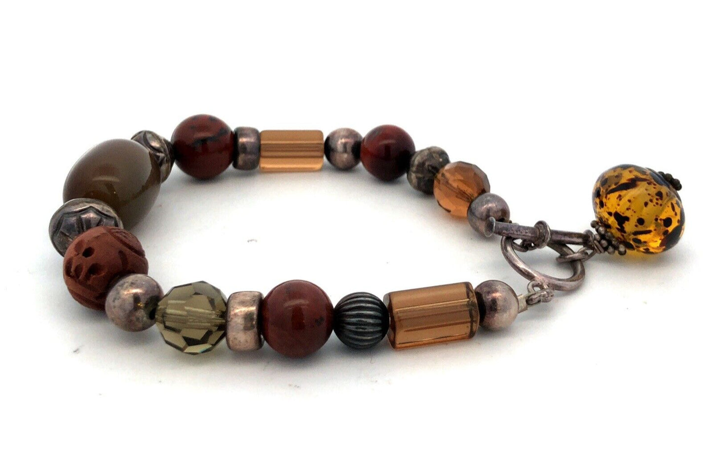 Estate 925 Sterling Silver Tigers Eye Agate Jasper Beaded Statement Bracelet