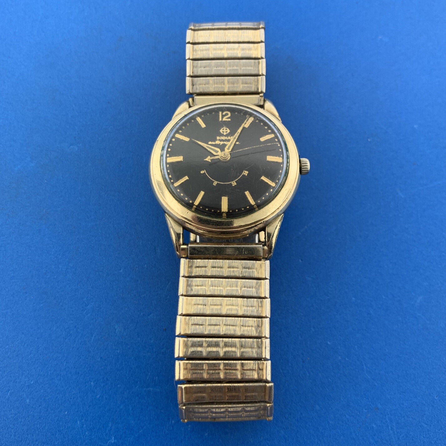 Mid Century Zodiac 10K Gold Filled Autographic Mens Flex Band Wrist Watch Runs