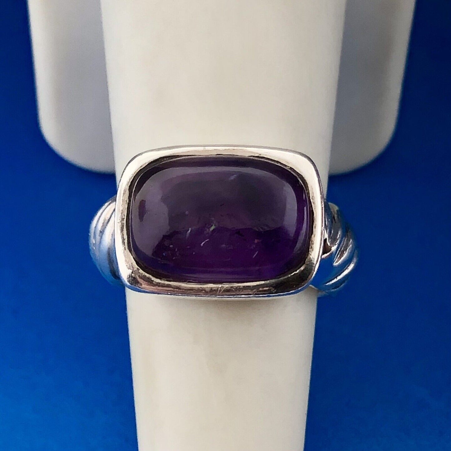 Retro 925 Sterling Silver Amethyst Cabochon Rectangle Cable Band Statement Ring