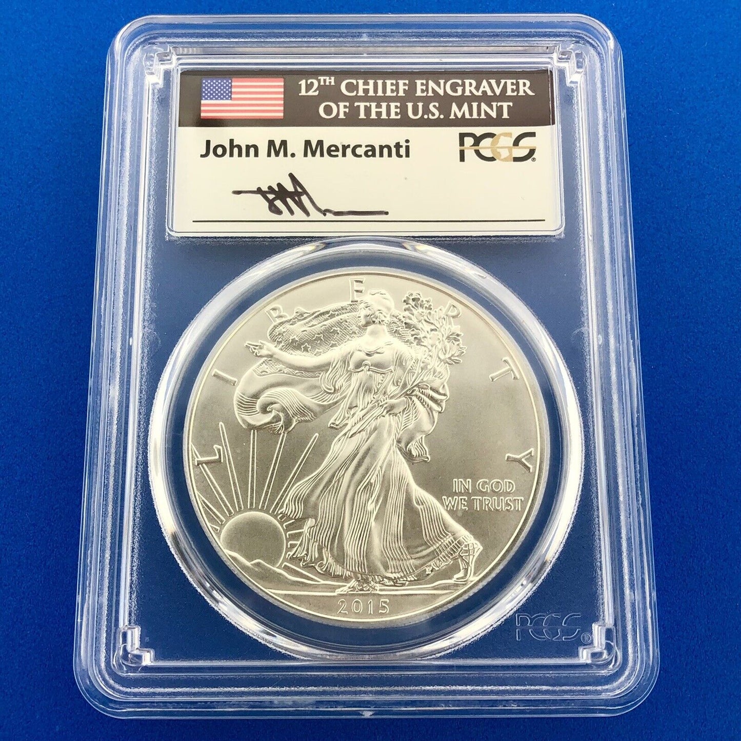 2015 W Burnished 1 Oz American Silver Eagle John Mercanti Label PCGS SP70