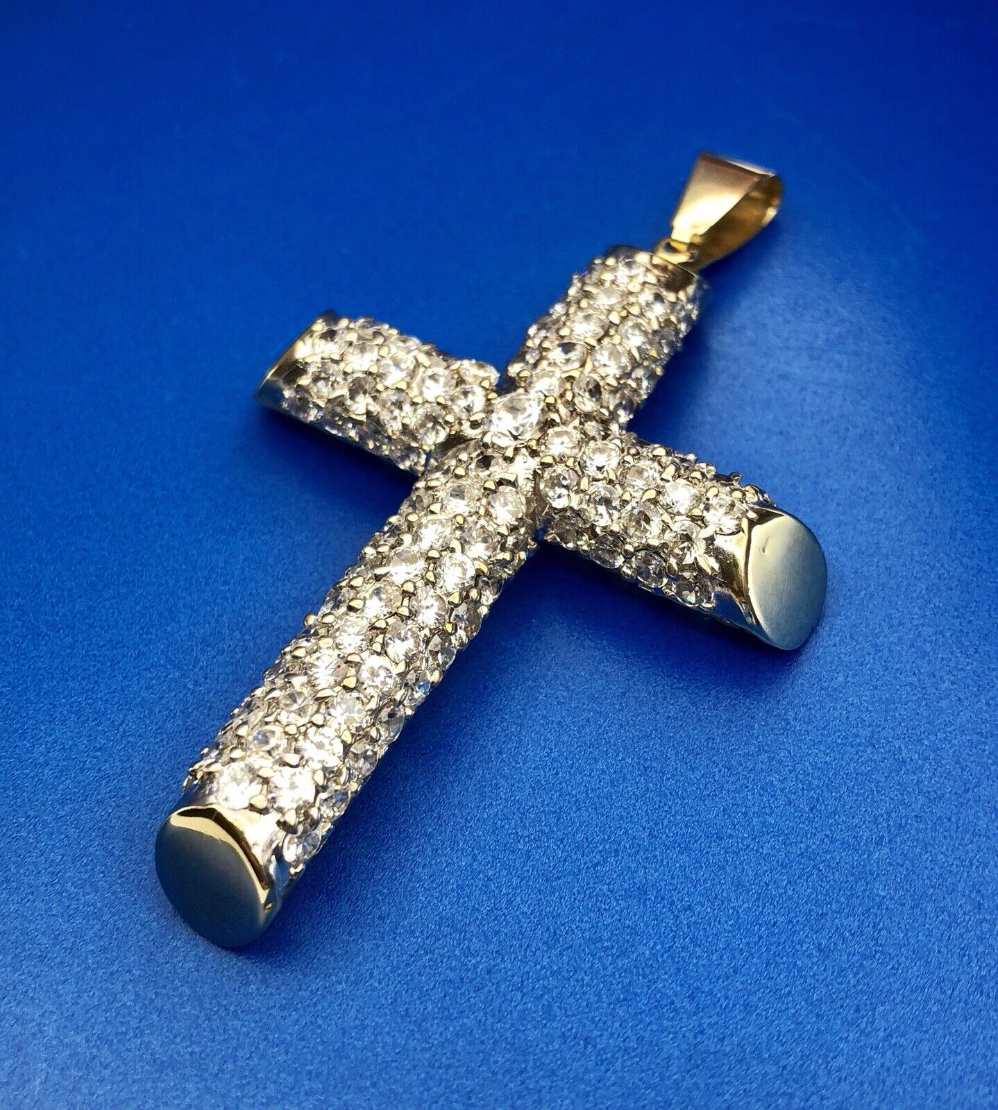 Statement 10K Yellow Gold Cubic Zirconia Encrusted Cross Religious Pendant