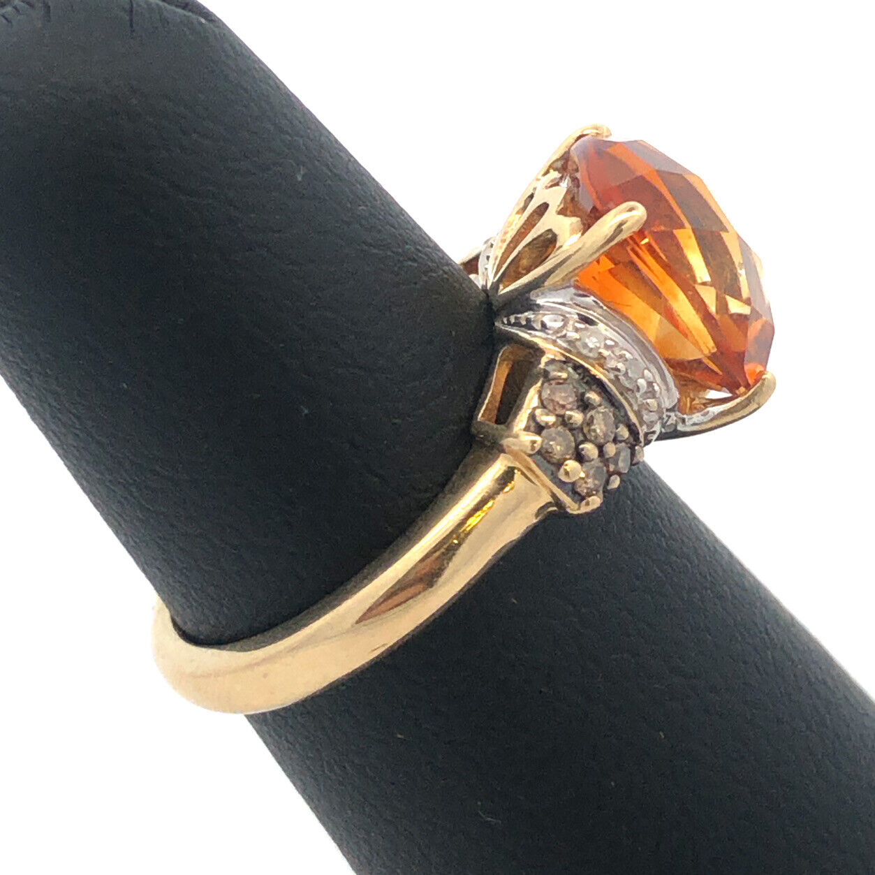 14K Yellow Gold Faceted Cushion Citrine Chocolate White Diamond Cocktail Ring