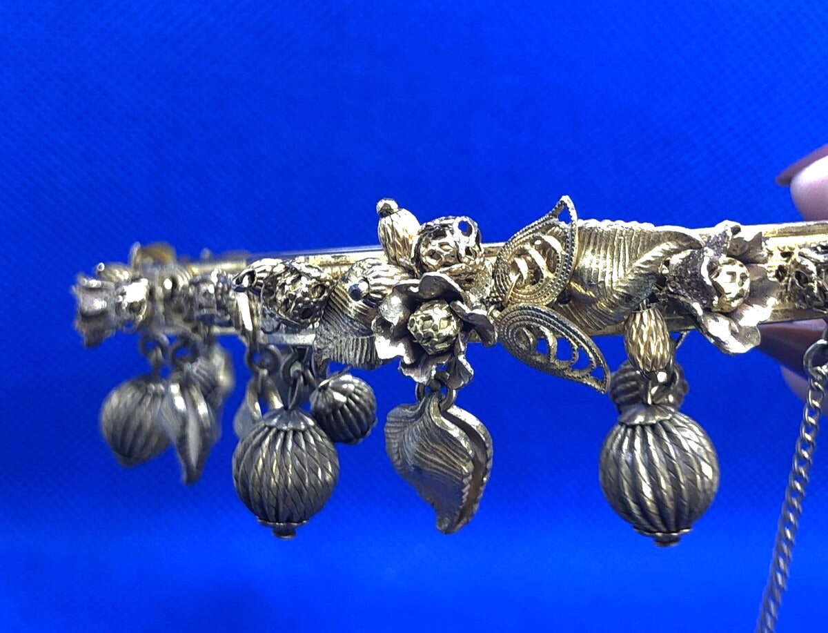 Art Nouveau Gold Tone Floral Theme Dangle Charm Hinged Cuff Bracelet