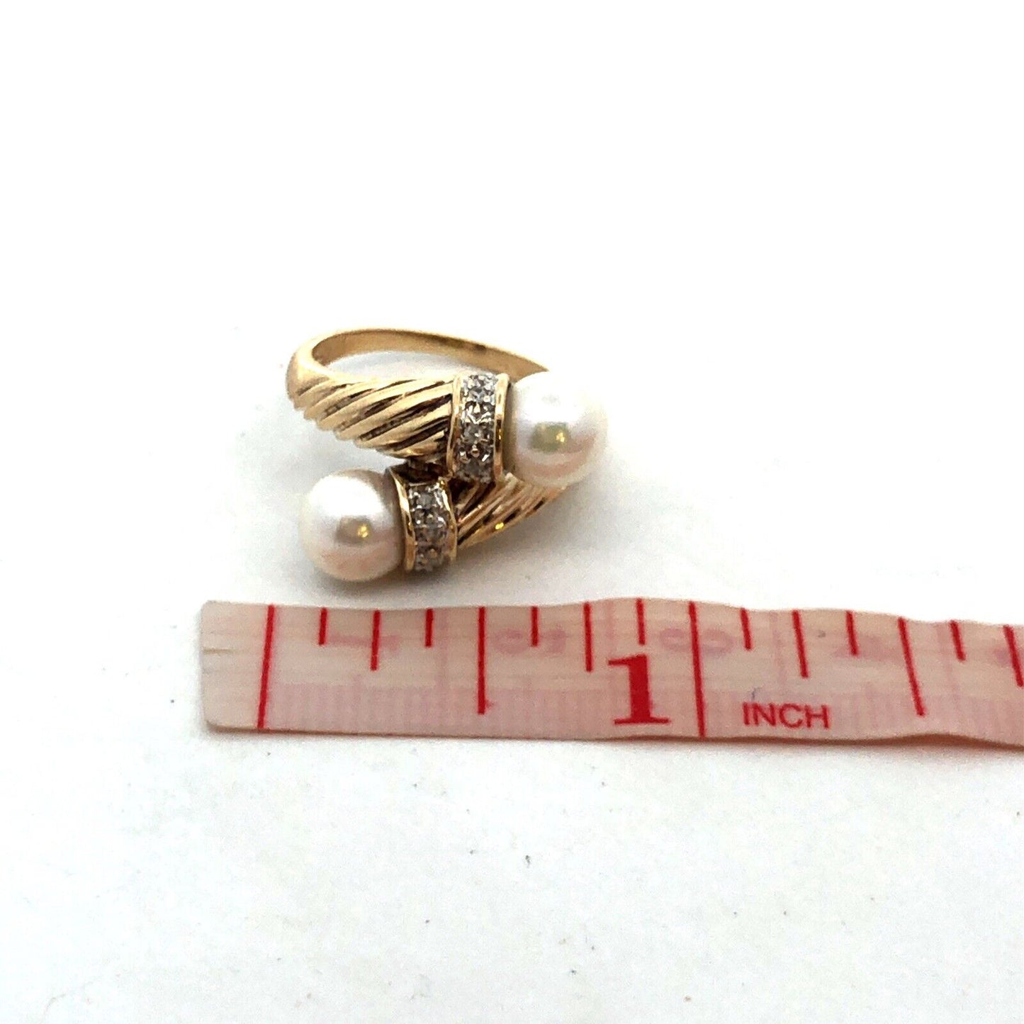 Designer H 14K Yellow Gold Round Pearl Diamond Twist Textured Bypass Ring